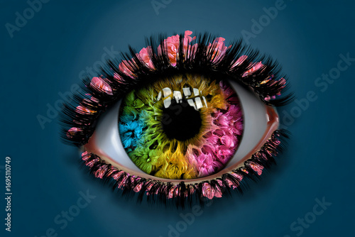 Vibrant eye art with floral lashes, creative vision