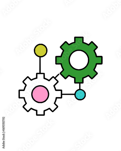 Vector art of colorful interlocking gears with nodes, symbolizing business connections, collaboration, system processes, and technological growth