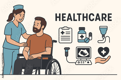 Comprehensive Healthcare Assistance. Horizontal vector banner featuring nurse assisting patient and comprehensive healthcare icon