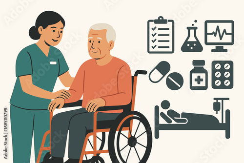 Comprehensive Healthcare Assistance. Horizontal vector banner featuring nurse assisting patient and comprehensive healthcare icon