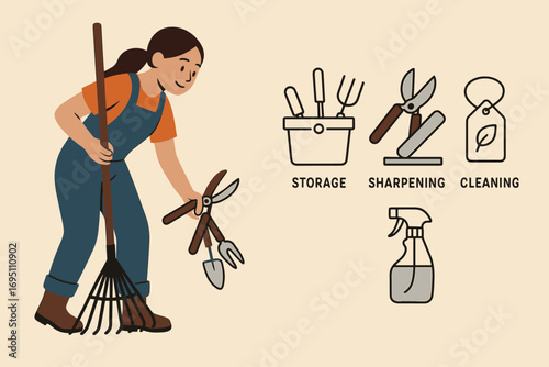 Garden Tools Organization. Horizontal vector banner depicting girl collecting garden tools and garden maintenance icon set for