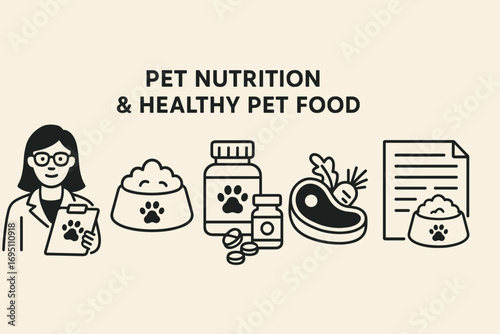 Pet Nutrition Essentials. Horizontal vector artwork of pet nutritionist and healthy pet food icon set for bowls, supplements, raw