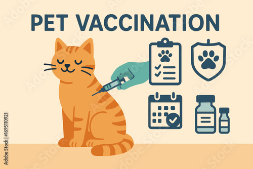 Cat Vaccination Essentials. Flat illustration banner showing cat receiving vaccination and pet vaccination icon set for vials,