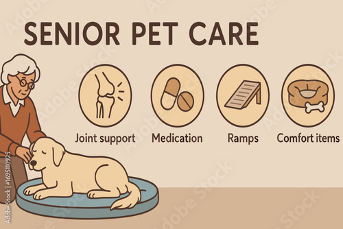 Senior Pet Care Essentials. Wide banner depicting senior pet care and icon set for joint support, medication, ramps and comfort