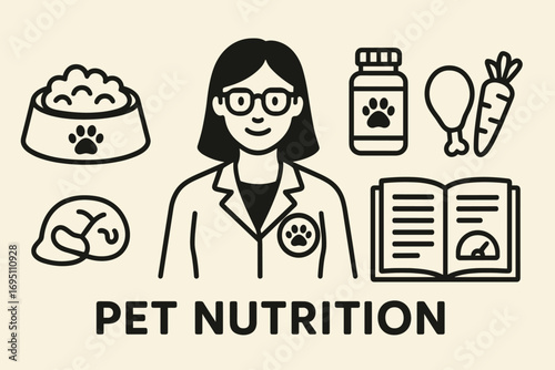 Pet Nutrition Essentials. Horizontal vector artwork of pet nutritionist and healthy pet food icon set for bowls, supplements, raw