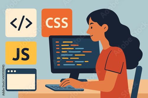 Woman Coding JavaScript. Horizontal composition depicting woman coding JavaScript and web programming icon set for HTML tags, CSS