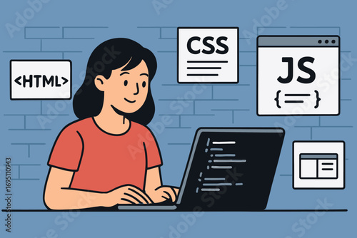 Woman Coding JavaScript. Horizontal composition depicting woman coding JavaScript and web programming icon set for HTML tags, CSS