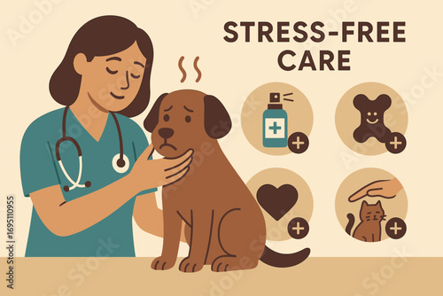 Vet Comforts Nervous Pet. Flat vector artwork showing vet comforting nervous pet and stress-free care icon set for calming sprays,