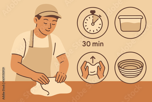 Apprentice Dough Preparation. Flat design banner showing young apprentice folding dough and fermentation icon set for timers, bulk