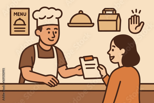 Baker Taking Order. Horizontal composition showing baker taking order and customer service icon set for menus, trays, takeaway