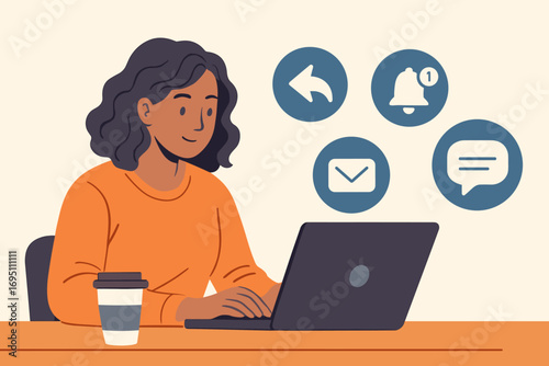 Freelance Communication Icons. Horizontal composition showing freelancer responding to emails and communication icon set for inbox