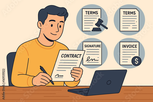 Freelancer's Contract Essentials. Scene with freelancer checking contract and legal tools icon set for terms, signature, NDA and