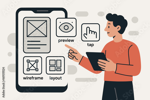Freelancer UX_UI Interface Testing. Modern vector panel showing UX/UI freelancer testing design and interface icon set for