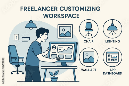 Freelancer Workspace Customization. Vector layout showing freelancer customizing workspace and setup icon set for chair, lighting,