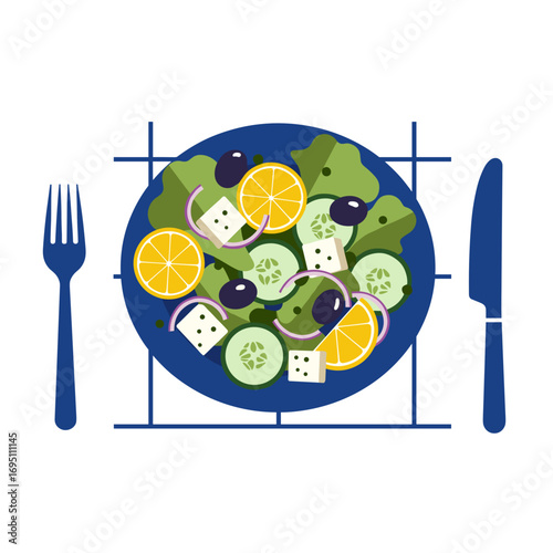 Mediterranean Greek cuisine vector illustration of fresh Greek salad with feta, olives, and cucumber — bold geometric style, crisp clean flat colors