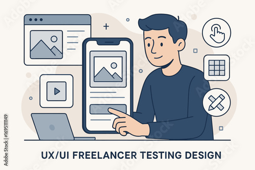 Freelancer UX_UI Interface Testing. Modern vector panel showing UX/UI freelancer testing design and interface icon set for