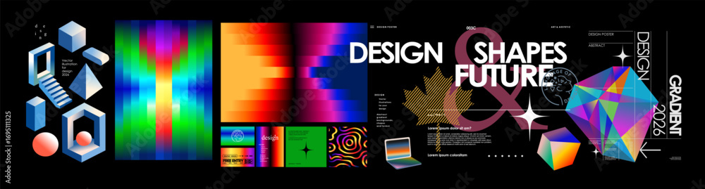 custom made wallpaper toronto digitalDesign. Abstract modern neon gradient objects. Vector illustration of bright multicolored gradients, crystal, 3d geometric shapes, isometric, typography for poster, cover or banner