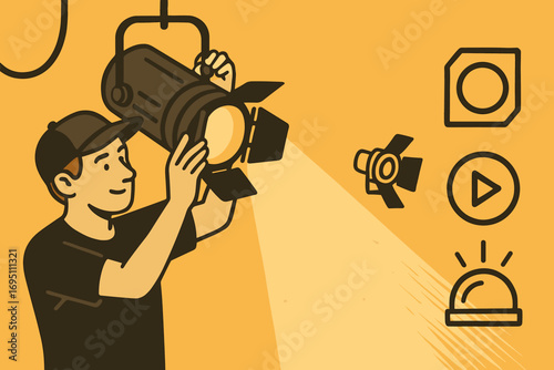Actor Adjusting Spotlight. Illustrated banner of actor adjusting spotlight mark and lighting icon set for spotlight, filter gel,