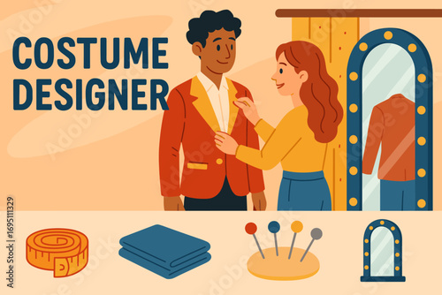 Costume Designer's Toolkit. Bright banner portraying costume designer assisting actor and dressing room icon set for tape measure,