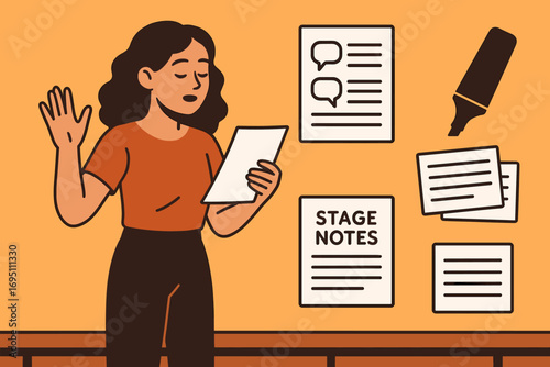 Actress Rehearsal Essentials. Flat vector illustration featuring actress rehearsing lines and script icon set for dialogue sheets,