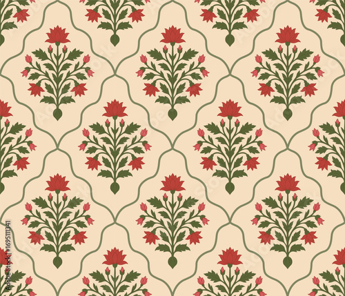 Vintage Indian botanical wall art pattern. Mughal floral wallpaper pattern.
