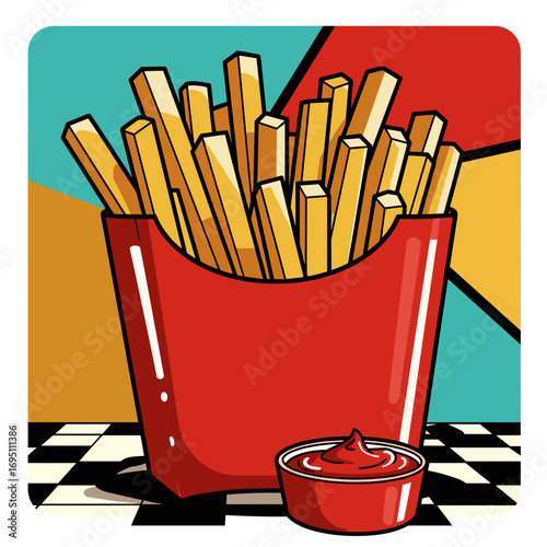 French fries in red basket with ketchup dip in bold retro diner style, graphic vector illustration with vibrant pop colors and playful eye-catching layout