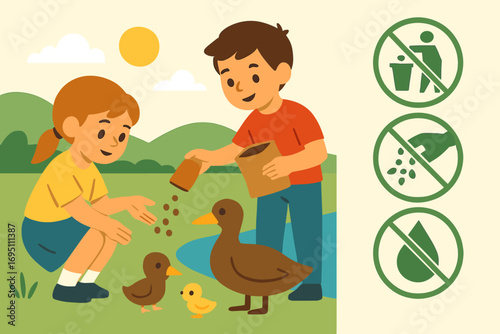 Kids Feeding Ducks. Stylized flat vector of kids feeding ducks and nature respect icon set for no litter, seeds, water, and duck