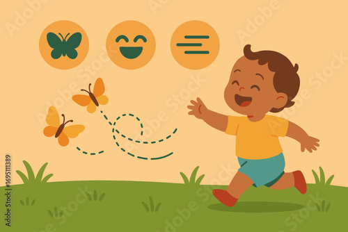 Toddler Chasing Butterflies. Flat design banner featuring toddler chasing butterflies and playful moment icon set for insects,