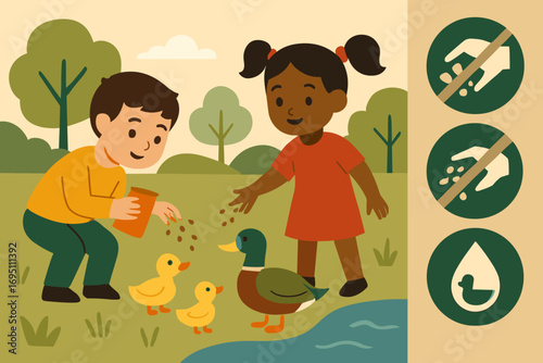 Kids Feeding Ducks. Stylized flat vector of kids feeding ducks and nature respect icon set for no litter, seeds, water, and duck