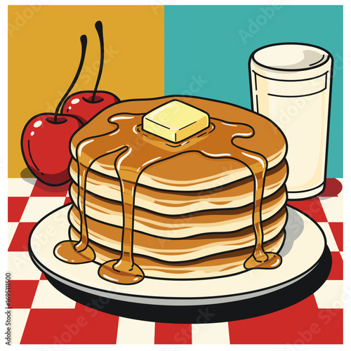 Stack of pancakes with syrup and butter pat in bold retro diner style, graphic vector illustration with vibrant pop colors and playful eye-catching layout