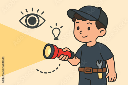 Night Vision Essentials. Vector layout showing boy using red flashlight and night vision icon set for eye icon, dim light, glow