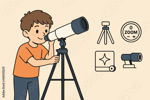 Boy with Telescope. Horizontal composition showing boy holding telescope and amateur astronomy icon set for tripod, zoom dial,
