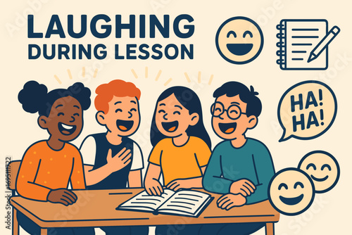 Laughing Classroom Vibes. Creative vector layout with pupils laughing during lesson and fun class icon set for smile emoji, doodle