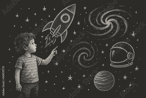 Child's Space Adventure. Scene with child imagining space travel and fantasy icon set for rocket sketch, galaxy swirl, helmet and