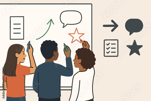 Engaged Learning Banner. Modern banner depicting pupils using colored markers on board and active lesson icon set for arrows,