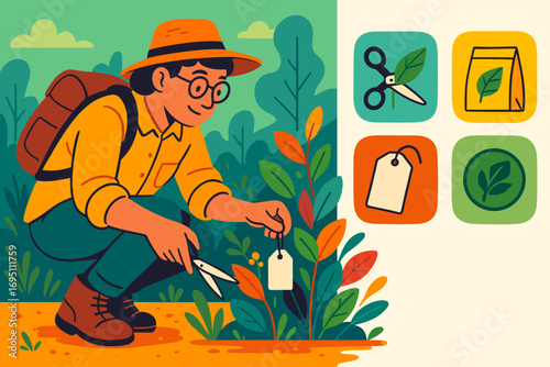 Botanist with Research Tools. Colorful scene of botanist collecting leaf sample and plant research icon set for scissors, bag,