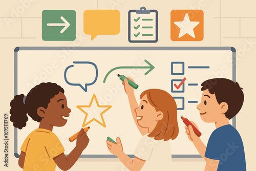 Engaged Learning Banner. Modern banner depicting pupils using colored markers on board and active lesson icon set for arrows,