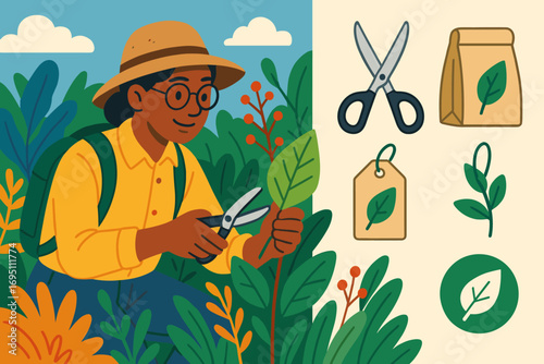 Botanist with Research Tools. Colorful scene of botanist collecting leaf sample and plant research icon set for scissors, bag,