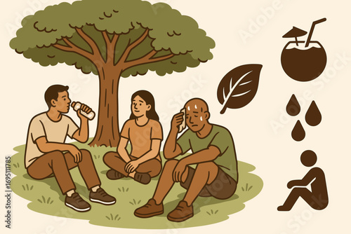Summer Break Under Tree. Scene with group taking break under tree and rest icon set for coconut, leaf shade, sweat icon and sit