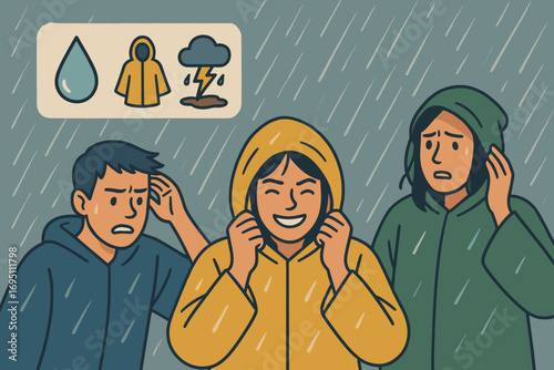Tropical Weather Icons. Creative banner featuring group in sudden rain and tropical weather icon set for raindrop, poncho,