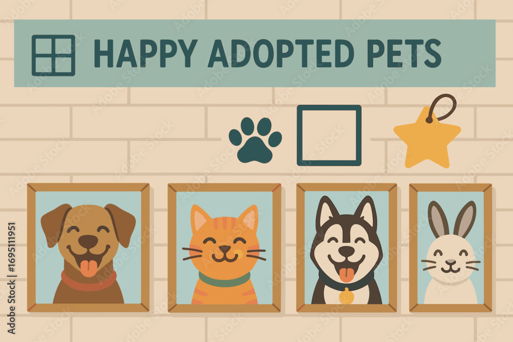 Sheltered Pets Memory Wall. Horizontal artwork with shelter showing happy adopted pets wall and memory icon set for photo grid,