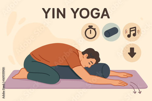 Yin Yoga Practice. Illustrated banner of man practicing yin yoga and deep stretch icon set for timer icon, bolster, soft music and