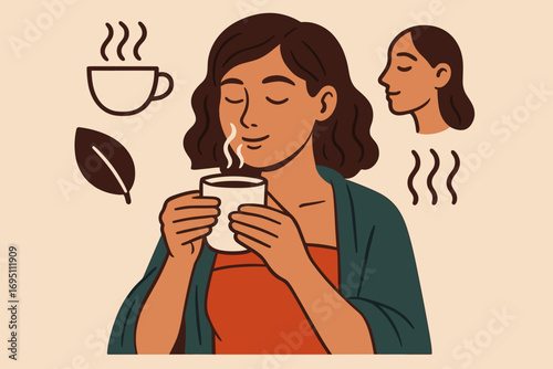 Tea Relaxation Icons. Scene with woman drinking tea post-session and recovery icon set for steam cup, leaf icon, reflection face