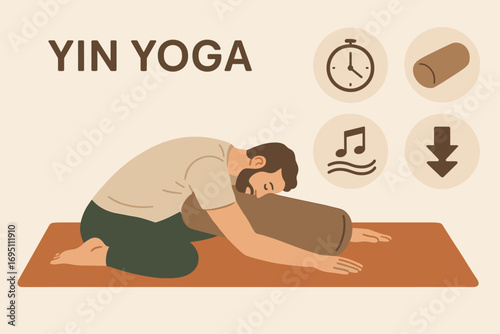 Yin Yoga Practice. Illustrated banner of man practicing yin yoga and deep stretch icon set for timer icon, bolster, soft music and