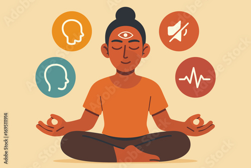 Yogi Focus Icons. Stylized flat vector of seated yogi with closed eyes and focus icon set for third eye, concentration bubble,