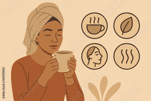Tea Relaxation Icons. Scene with woman drinking tea post-session and recovery icon set for steam cup, leaf icon, reflection face