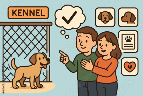 Choosing a Dog. Cartoon-style banner depicting couple choosing dog from kennel and decision icon set for breed card, tail wag,
