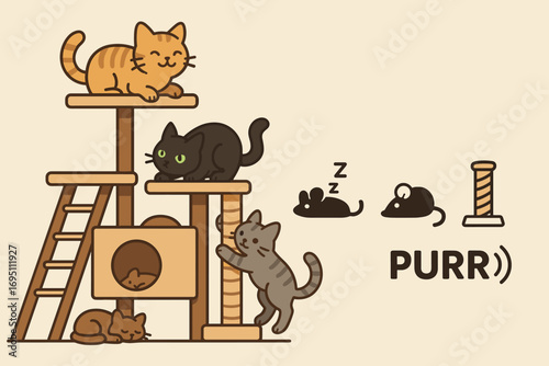 Cats Climbing Playground. Wide vector layout with cats climbing play structure and comfort icon set for cozy bed, toy mouse,