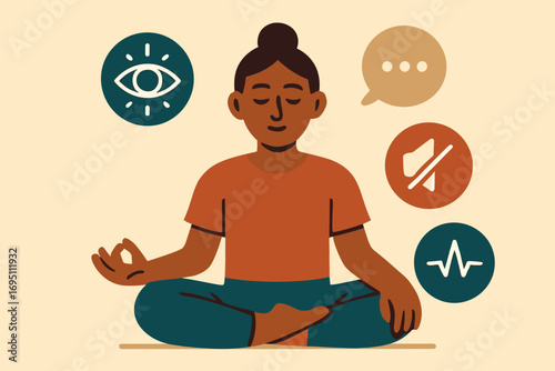 Yogi Focus Icons. Stylized flat vector of seated yogi with closed eyes and focus icon set for third eye, concentration bubble,