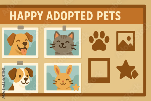 Sheltered Pets Memory Wall. Horizontal artwork with shelter showing happy adopted pets wall and memory icon set for photo grid,
